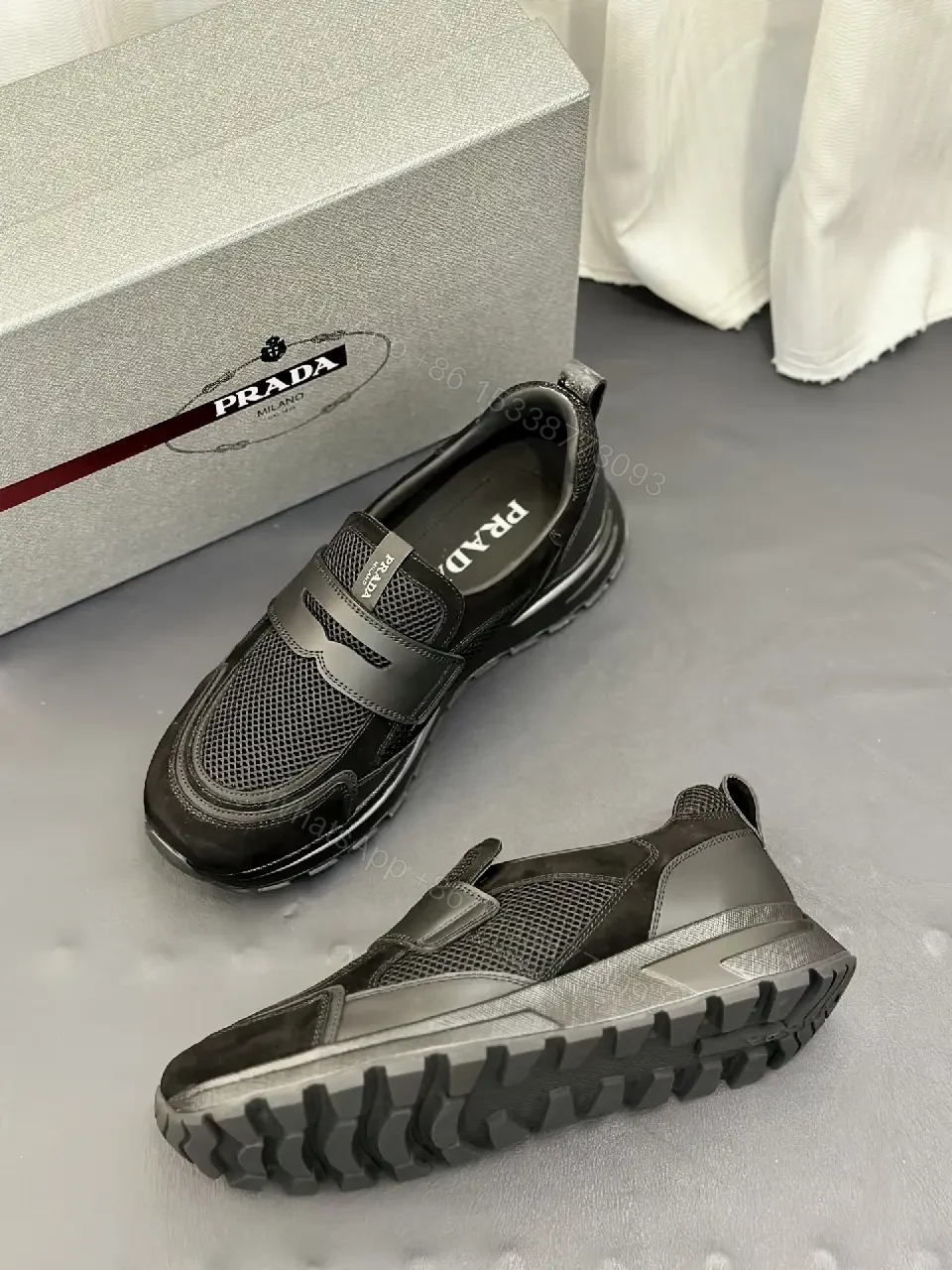 View 3 of Black Mesh Velcro Sneaker, Prada Style, Lightweight Comfort Shoes