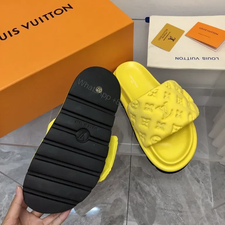 View 3 of Neon LV-Inspired Slides: Luxe Monogram Comfort Sandals