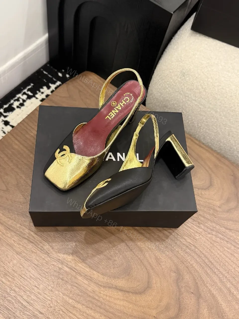 View 5 of Gold & Black Slingback Heels: Luxe Comfort, Medium Heel