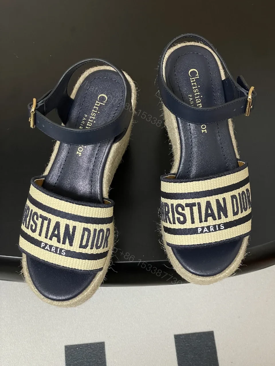 View 5 of Navy Leather Espadrille Wedge Sandals - Bold Luxe Style