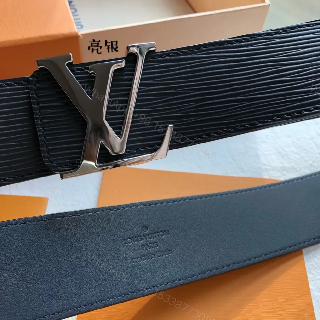 View 3 of Black Leather Belt with Signature LV-Style Buckle - Luxury Casual Belt