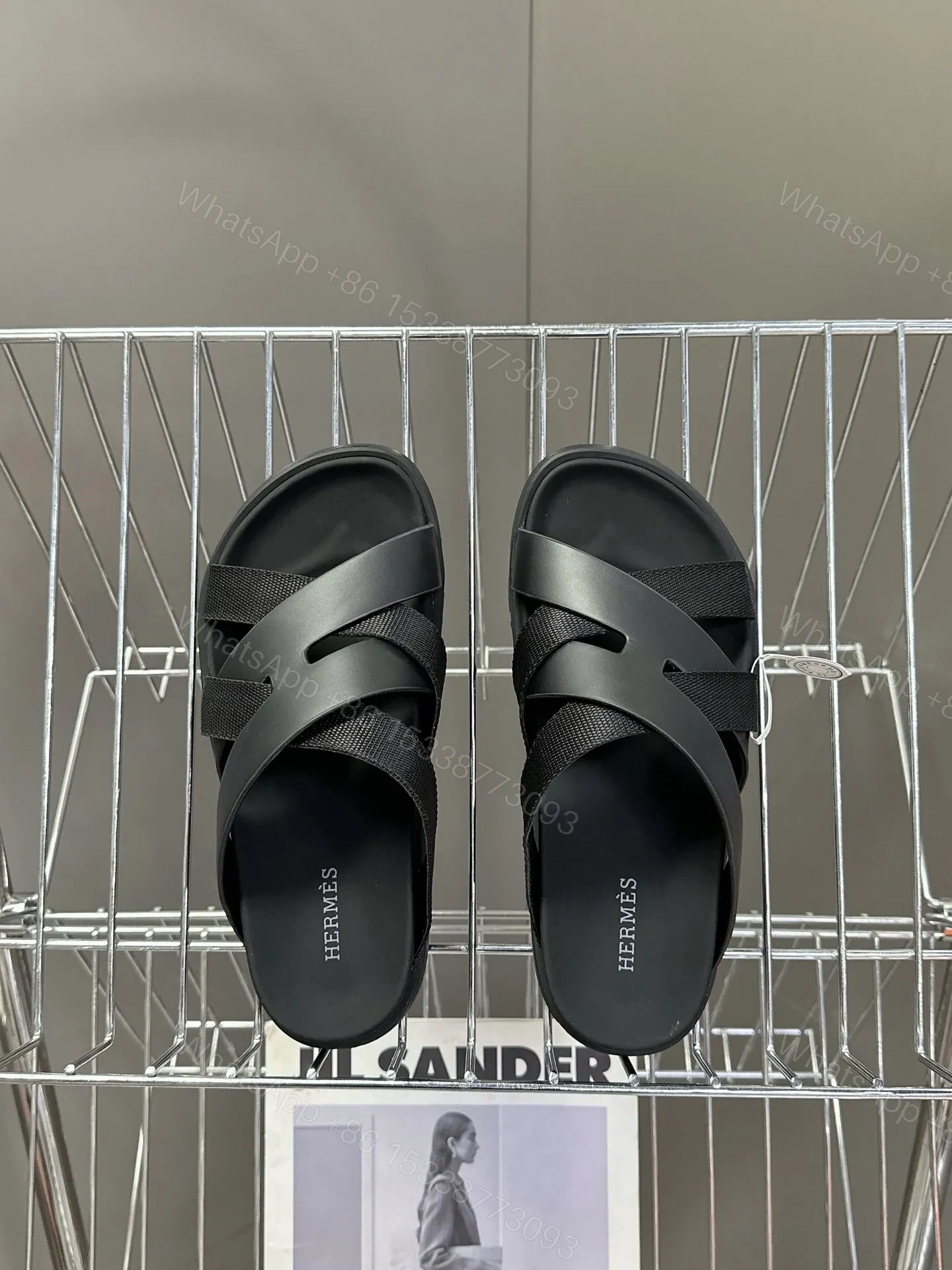 View 2 of Hermes Women Black Leather And Fabric Sandals