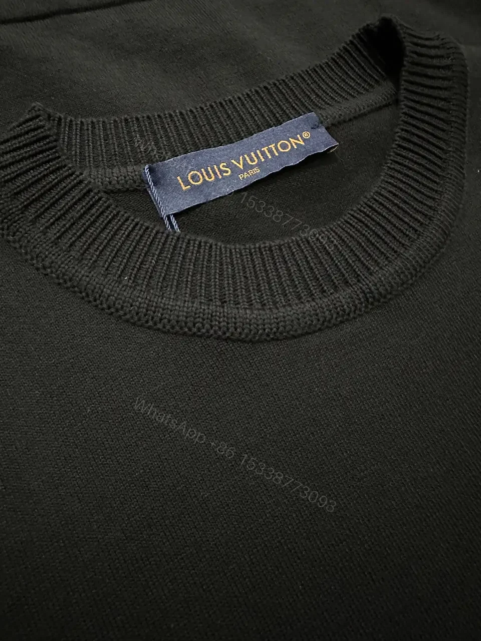 View 7 of Black Plain Knit Short-Sleeve Crew-Neck T-Shirt with Logo Accent