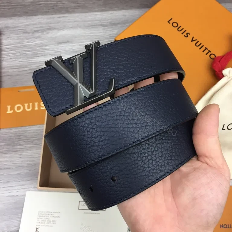 View 8 of Navy Leather Belt: LV Silver Buckle, Pebble-Grain Calfskin, Luxury Style, Premium All-Day Wear, Belt