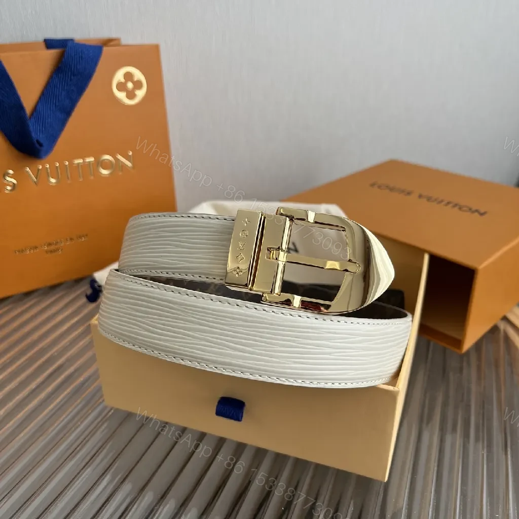 View 7 of White Leather Belt: Subtle Gold Buckle, Monogram Detail, Modern Luxury