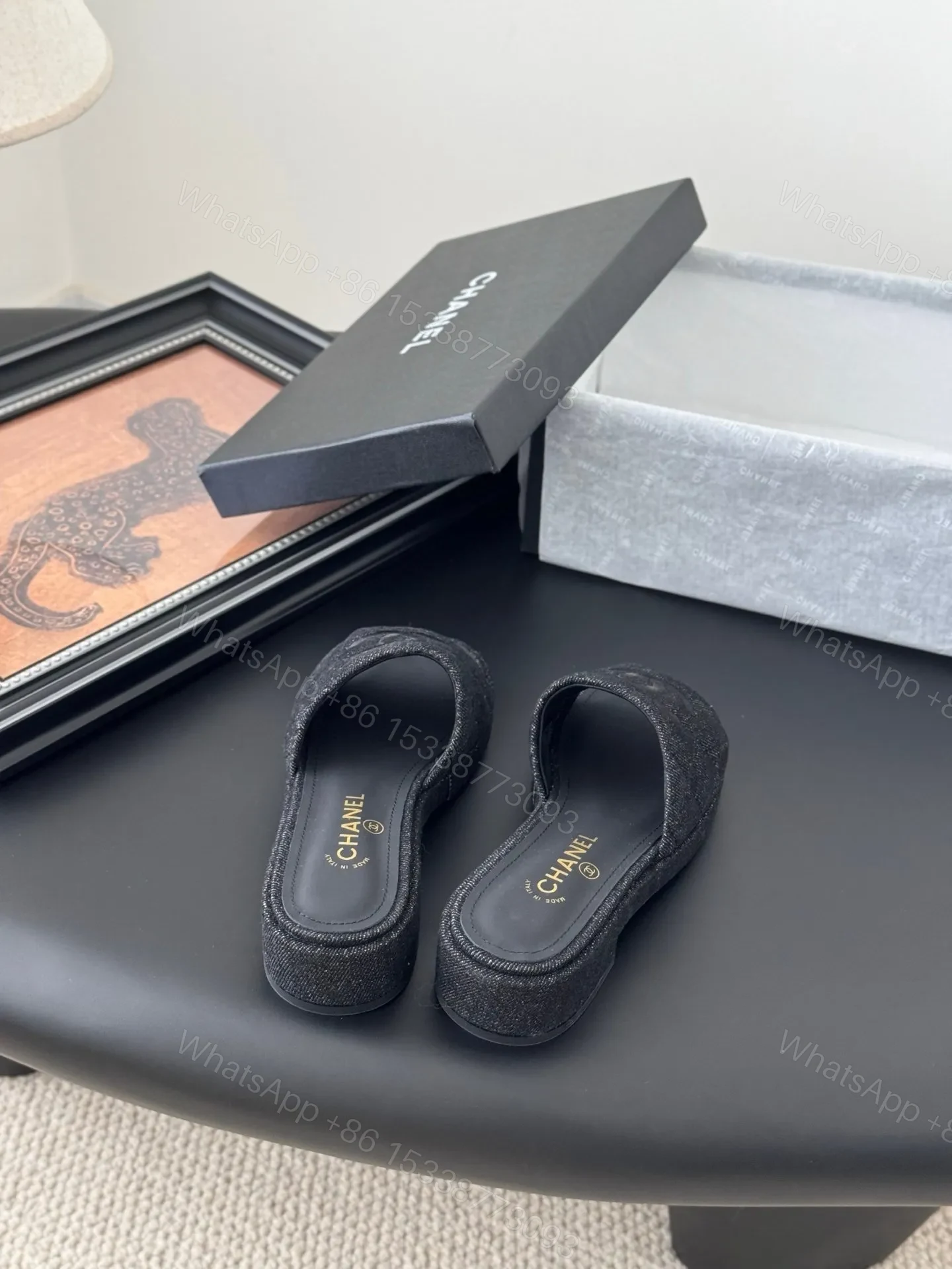 View 6 of Chanel Women Black Fabric Slide Sandals