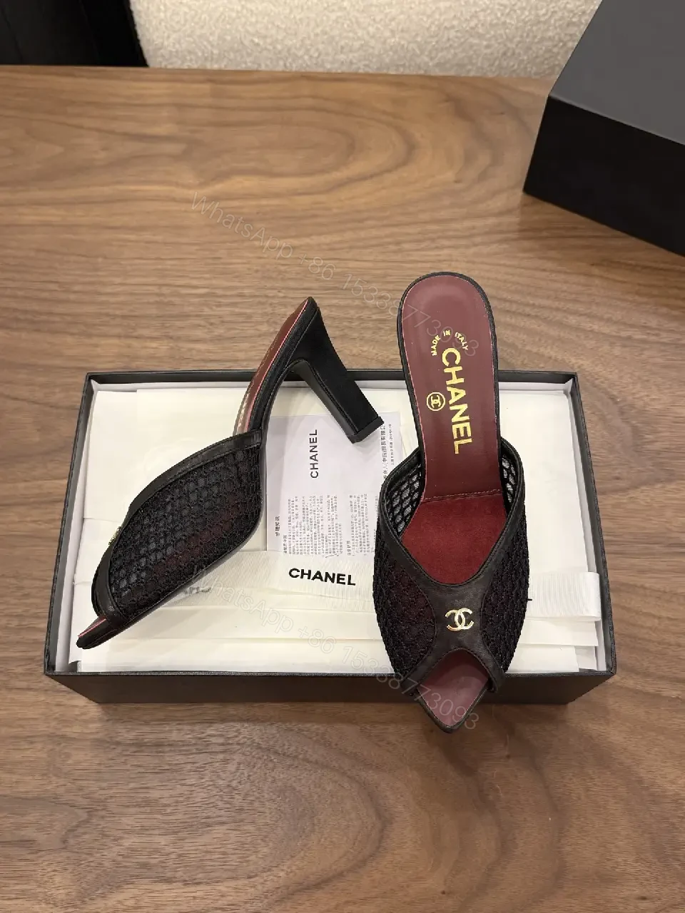 View 3 of Black Mesh Leather Mule Chanel Style Heels