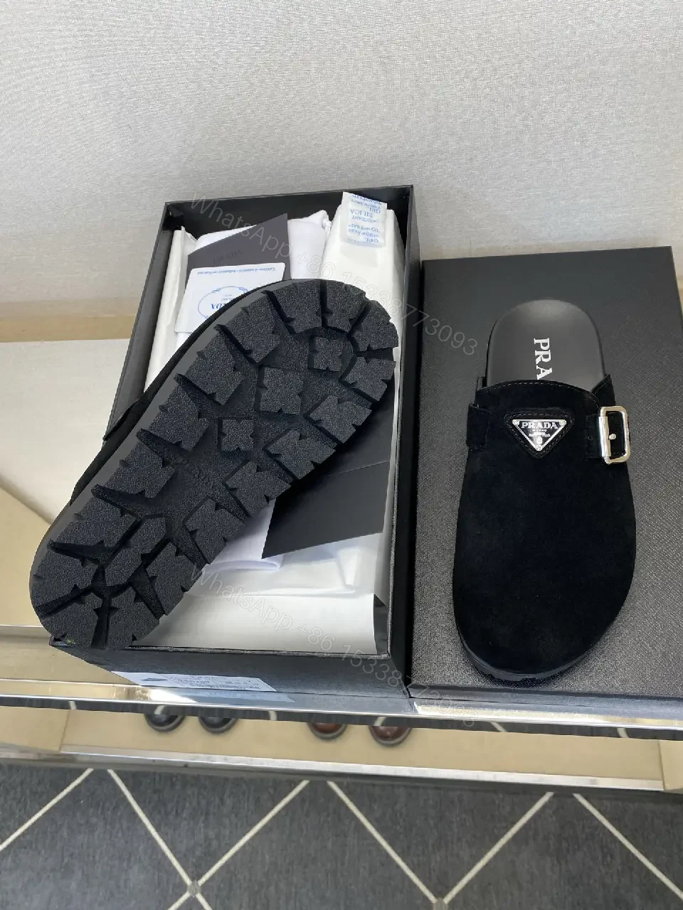 View 8 of Black Suede Prada Mule Slippers with Silver Buckle