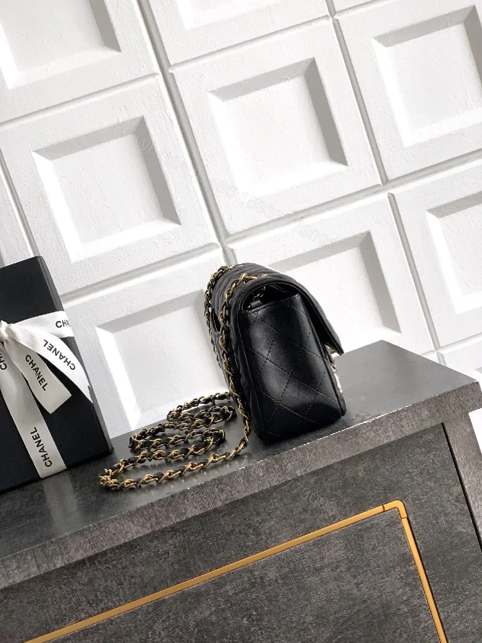 View 9 of Quilted Black Leather Crossbody: Golden Turn-Lock Charm Bag