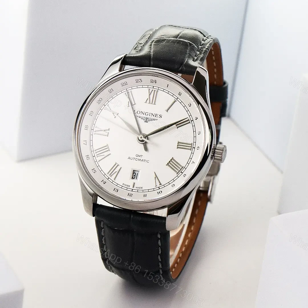 View 2 of Longines Master Collection GMT Watch Silver Dial Black Leather Strap 40mm Case