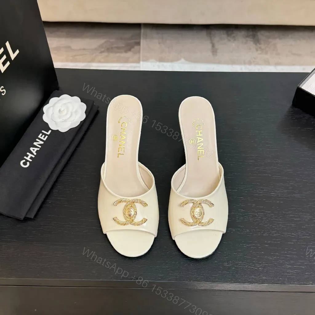 View 3 of Patent Leather Mules – Ivory, Open-Toe, Gold Emblem, All-Day Comfort