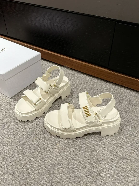 View 2 of Chunky White Leather Sandals with Gold Branding, Dior-Inspired