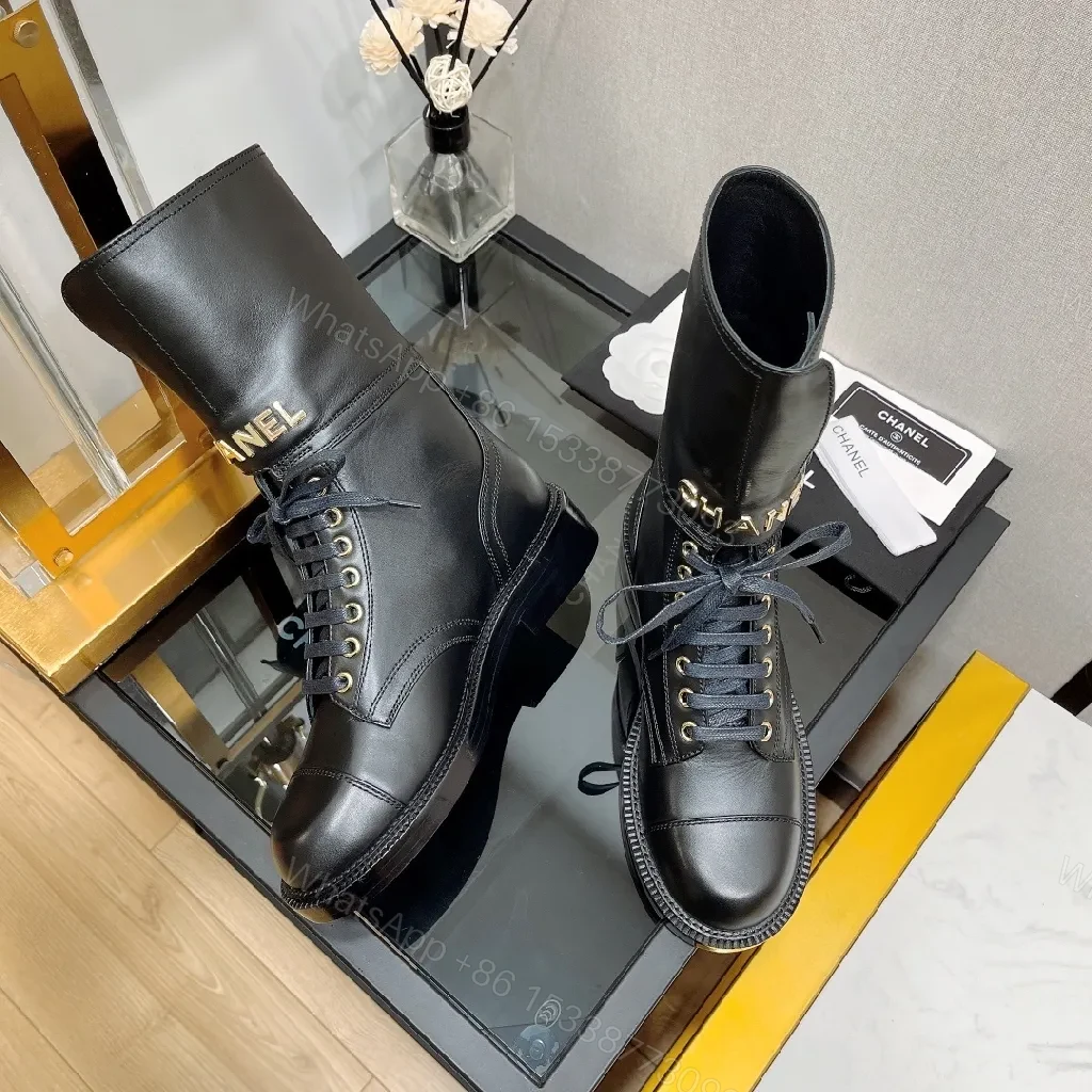 View 7 of Black Leather Combat Boots with Gold Hardware, Lug Sole, Cushioned Comfort