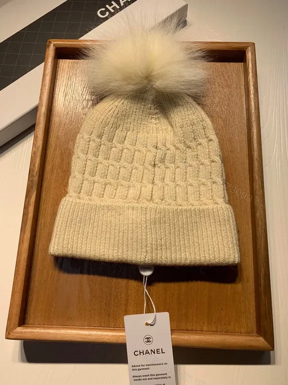 View 5 of Lux Knit Beanie with Fur Pom â€” Ivory, Chanel Charm, Luxury Style