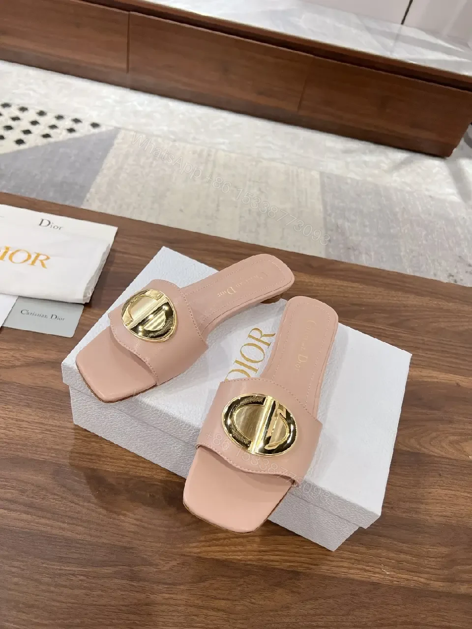 View 10 of Blush Pink Leather Modern Gold Logo Dior Slides