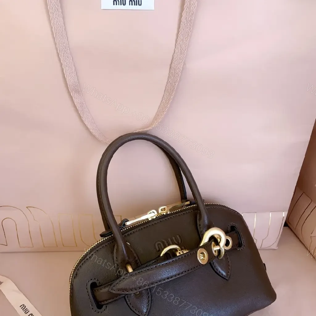 View 8 of Compact Pebbled Leather Satchel with Gold Hardware