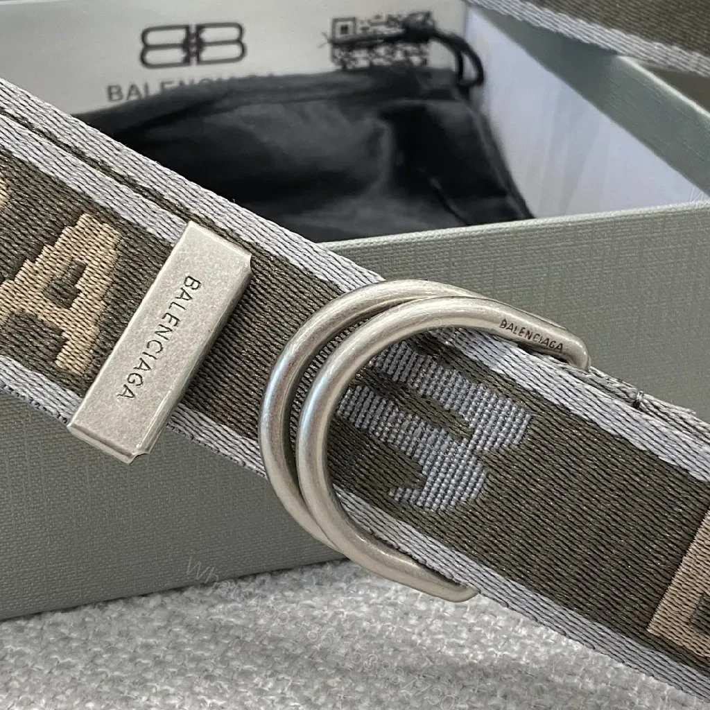 View 3 of Monogram Webbing Belt with D-Ring Buckle, Neutral Tone, Luxury Style, Premium Hardware, Belt