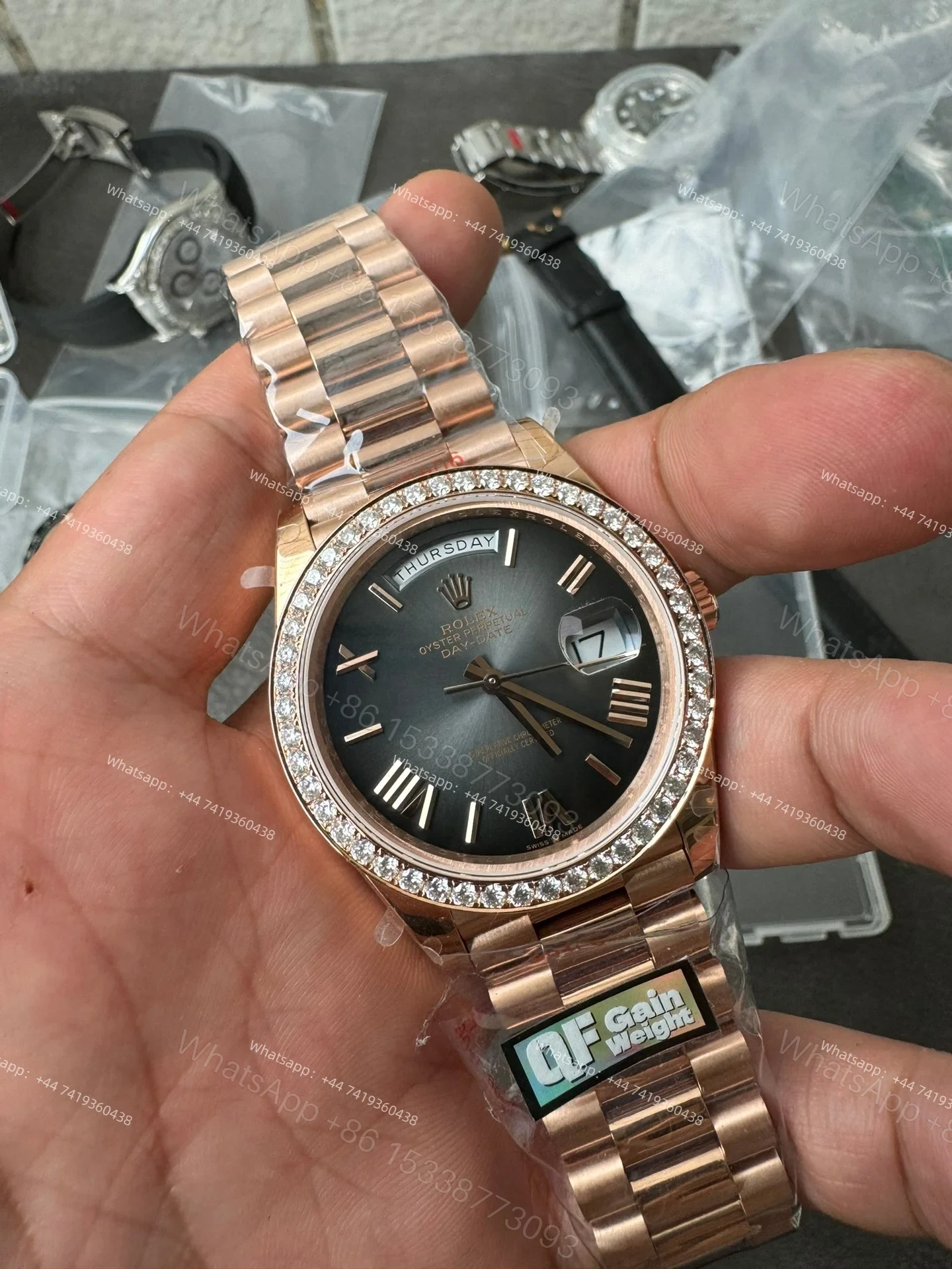 View 3 of Rolex Day-Date M228345RBR-0025 1:1 Replica Gradient Slate Gray Dial Moissanite Bezel 40MM 3255 Movement Super Clone Watch