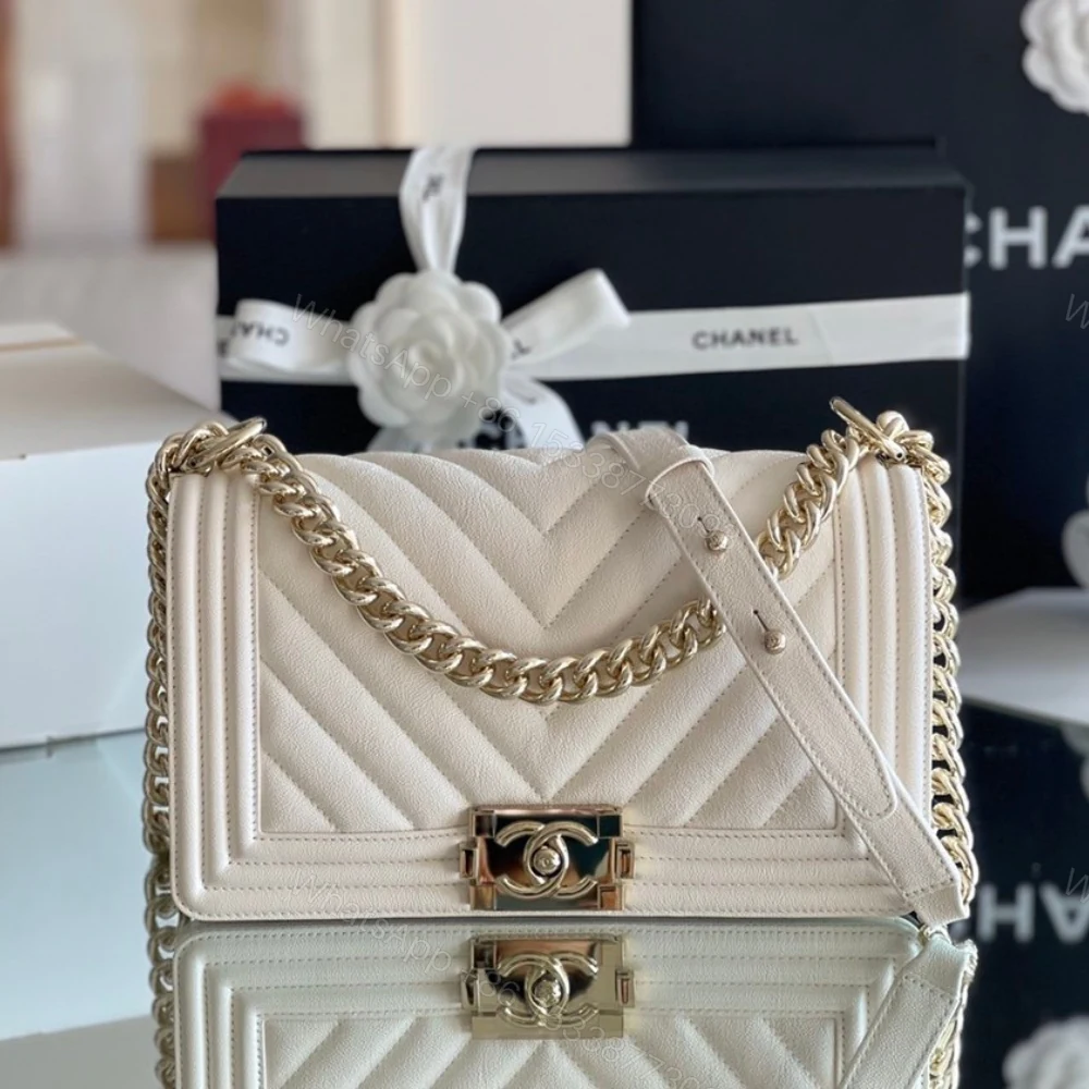 View 2 of Chanel Boy Bag White Gold Hardware 25Cm A67086