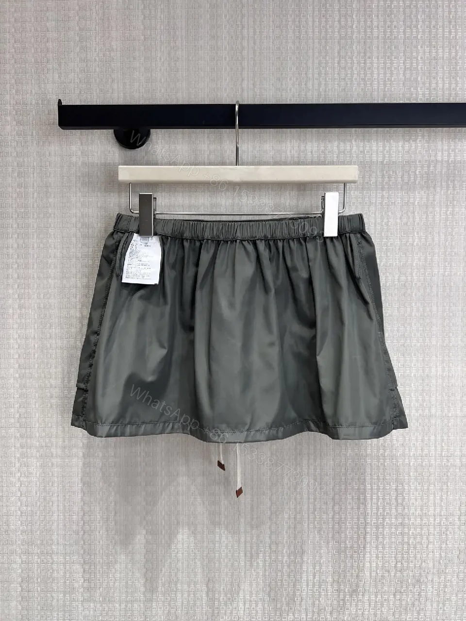 View 10 of Gray Nylon Mini Skirt Drawstring Waist Miu Miu Style Front Patch Pocket Skirt