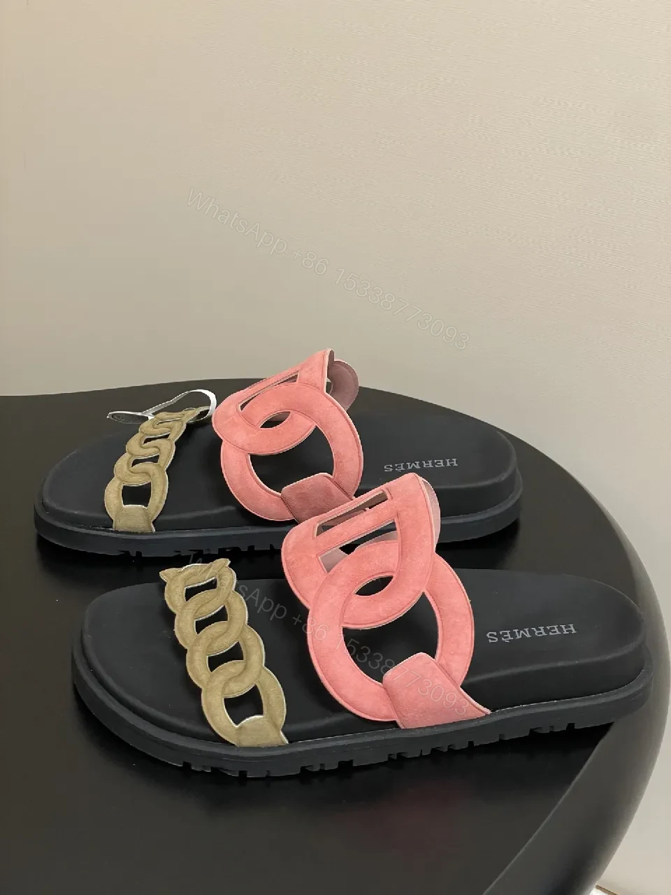 View 5 of Soft-Statement Sandals with Chain Straps: Pink & Beige Suede Style