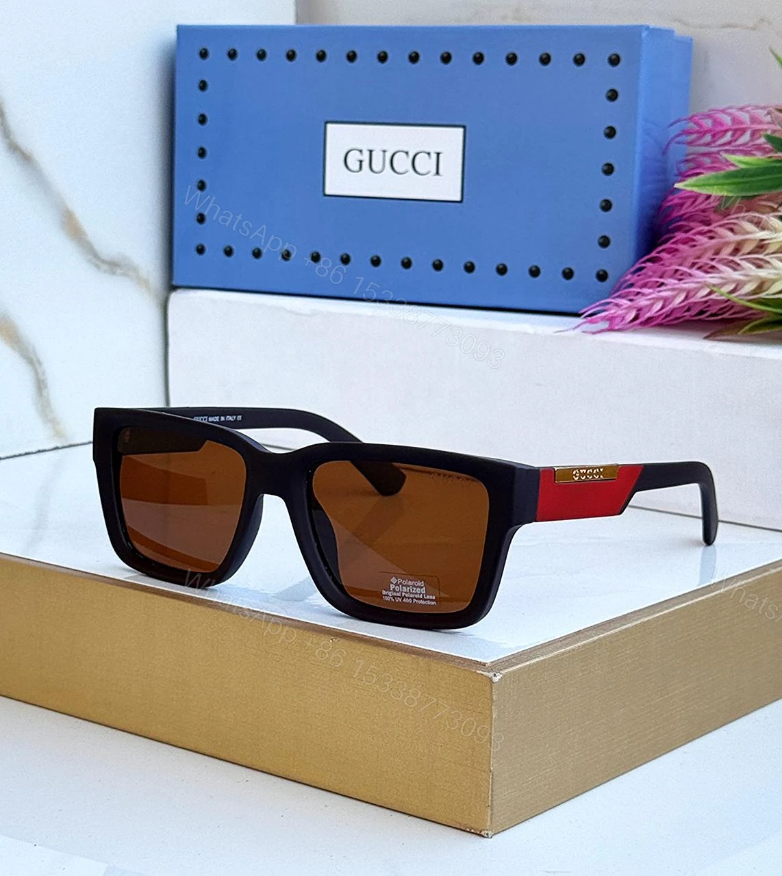 View 2 of Gucci Square Sunglasses Green Lens Brown Frame