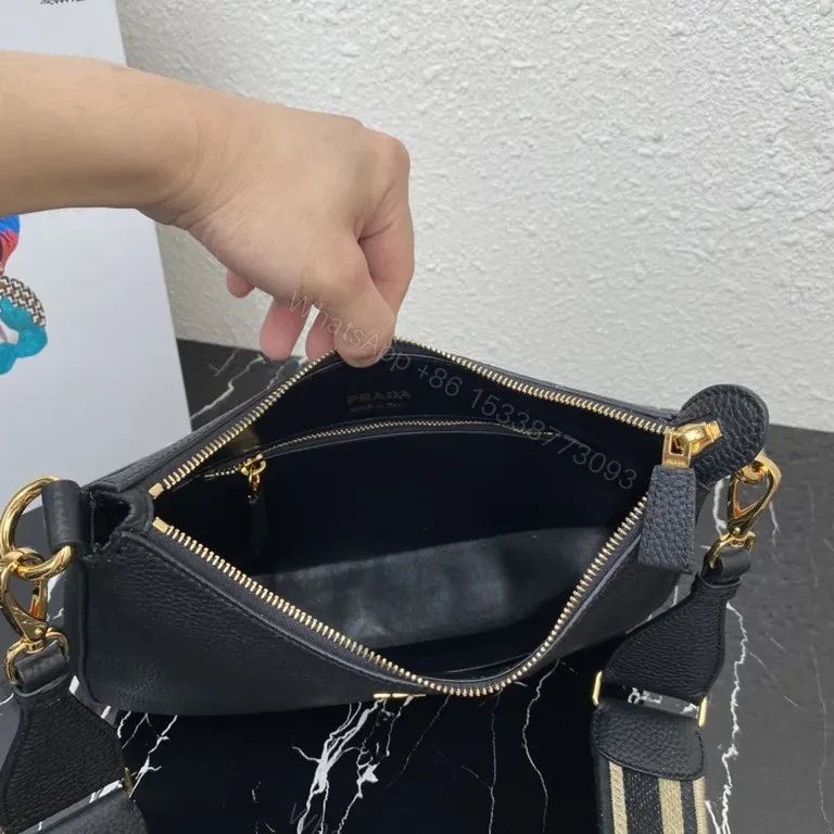 View 8 of Black Pebbled Leather Prada-Inspired Crossbody: Compact Luxury