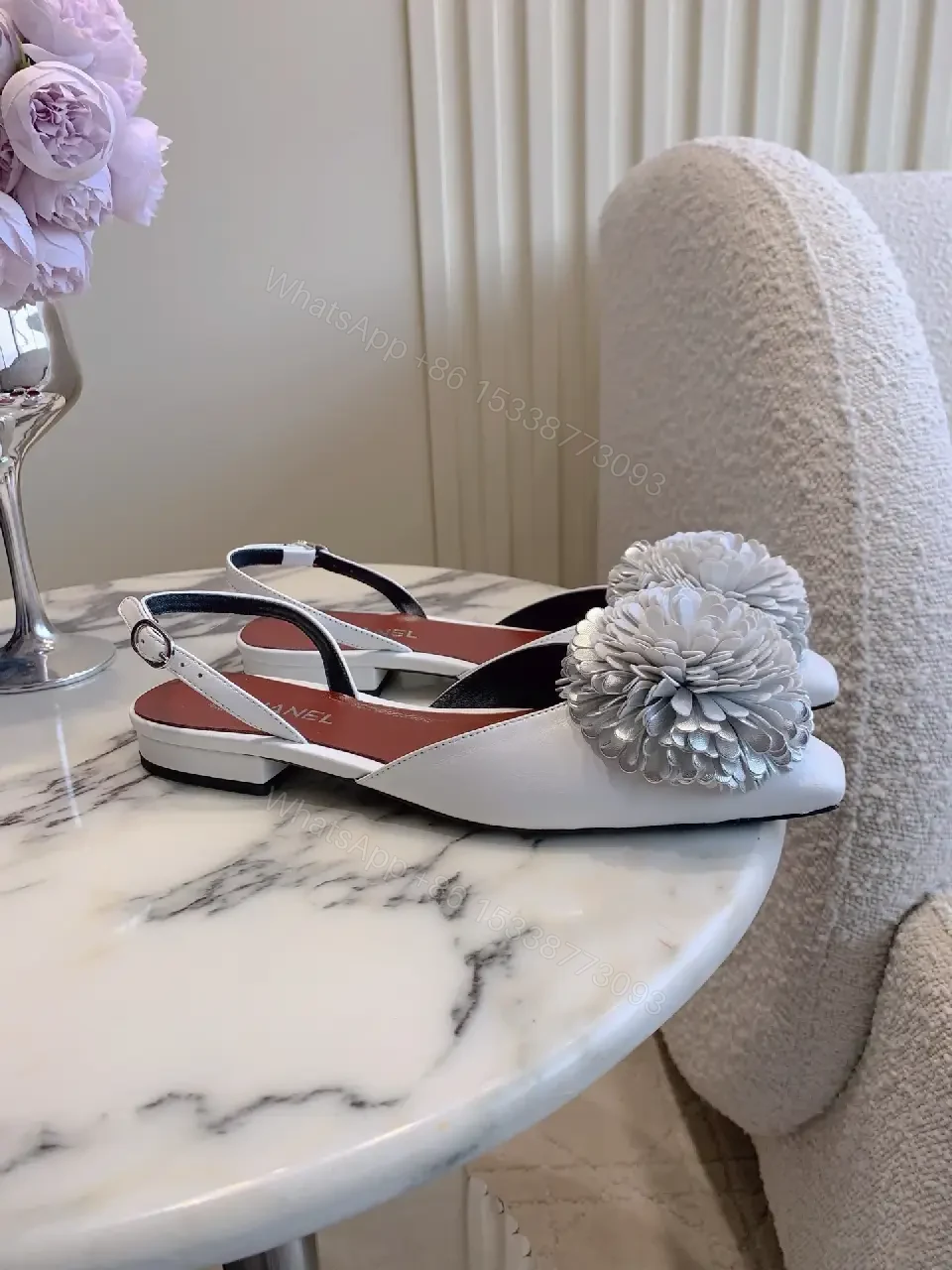 View 4 of White Floral Slingback Pumps - Couture Comfort, Pointed Toe, Block Heel