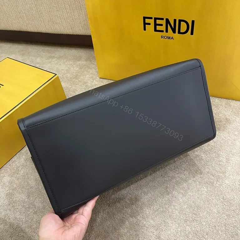 View 4 of Fendi Roma Tote: Structured Black Leather, Gold Hardware, Embossed Logo