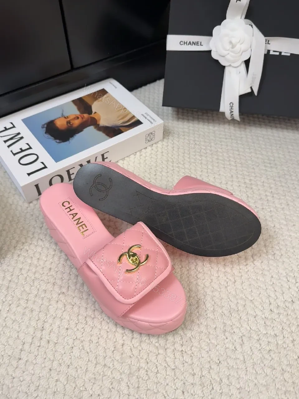 View 2 of Pink Quilted Sandals with Gold Logo: Chic Comfort Sandals
