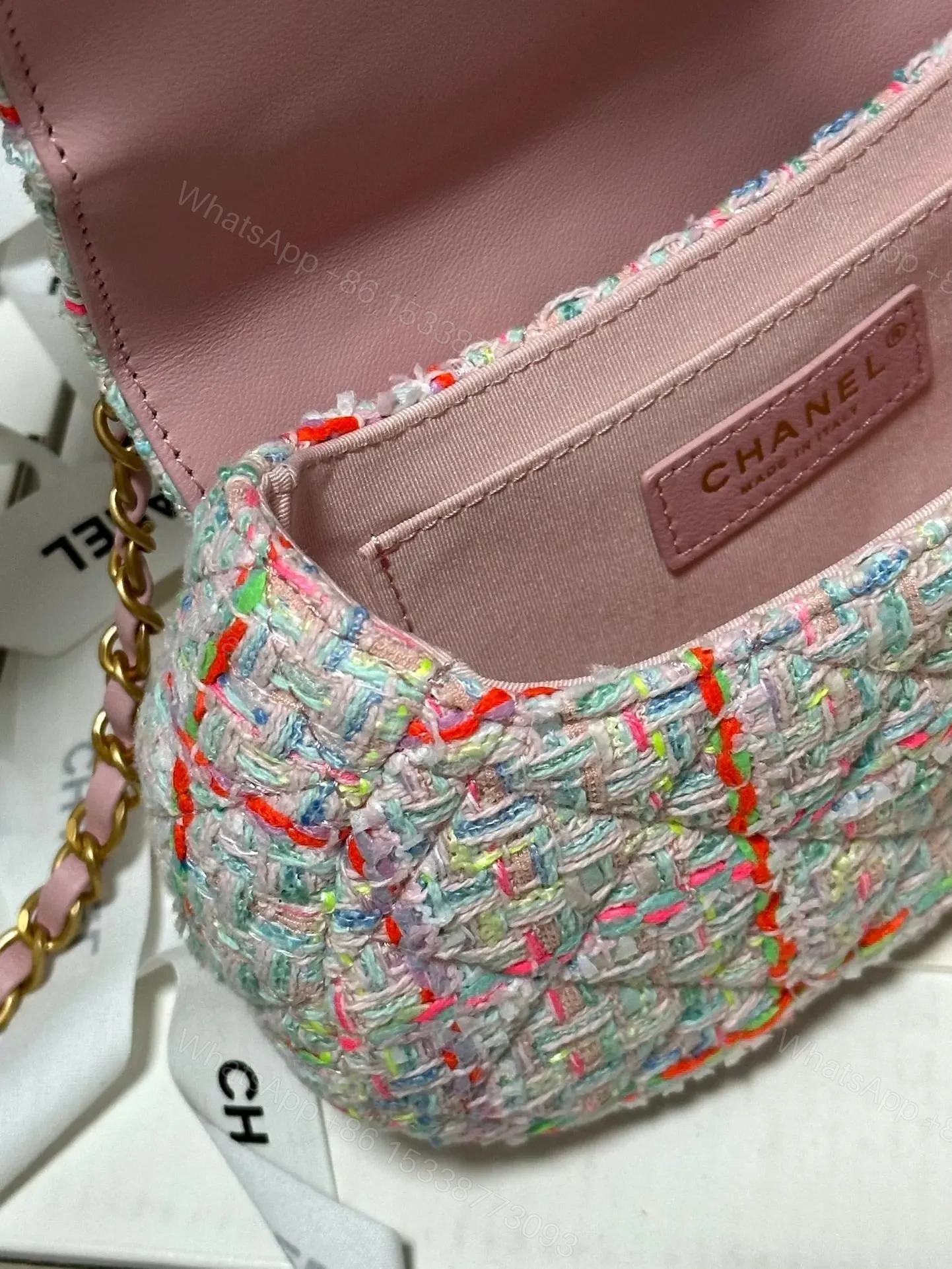 View 5 of Chanel Mini Flap Bag with Top Handle Pink Tweed Bag