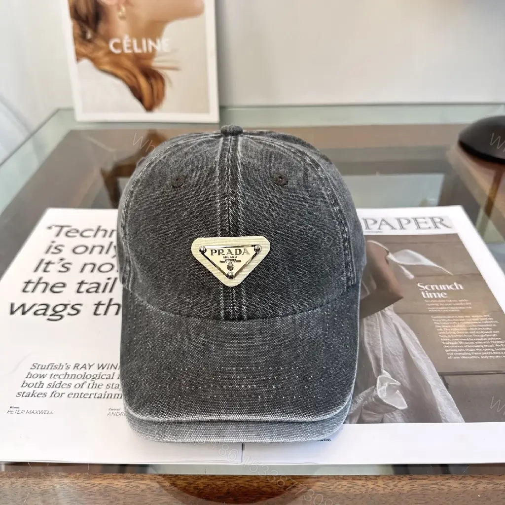 View 5 of Washed Dark Gray Denim Cap, Curved Brim, Distressed Texture, Prada Patch