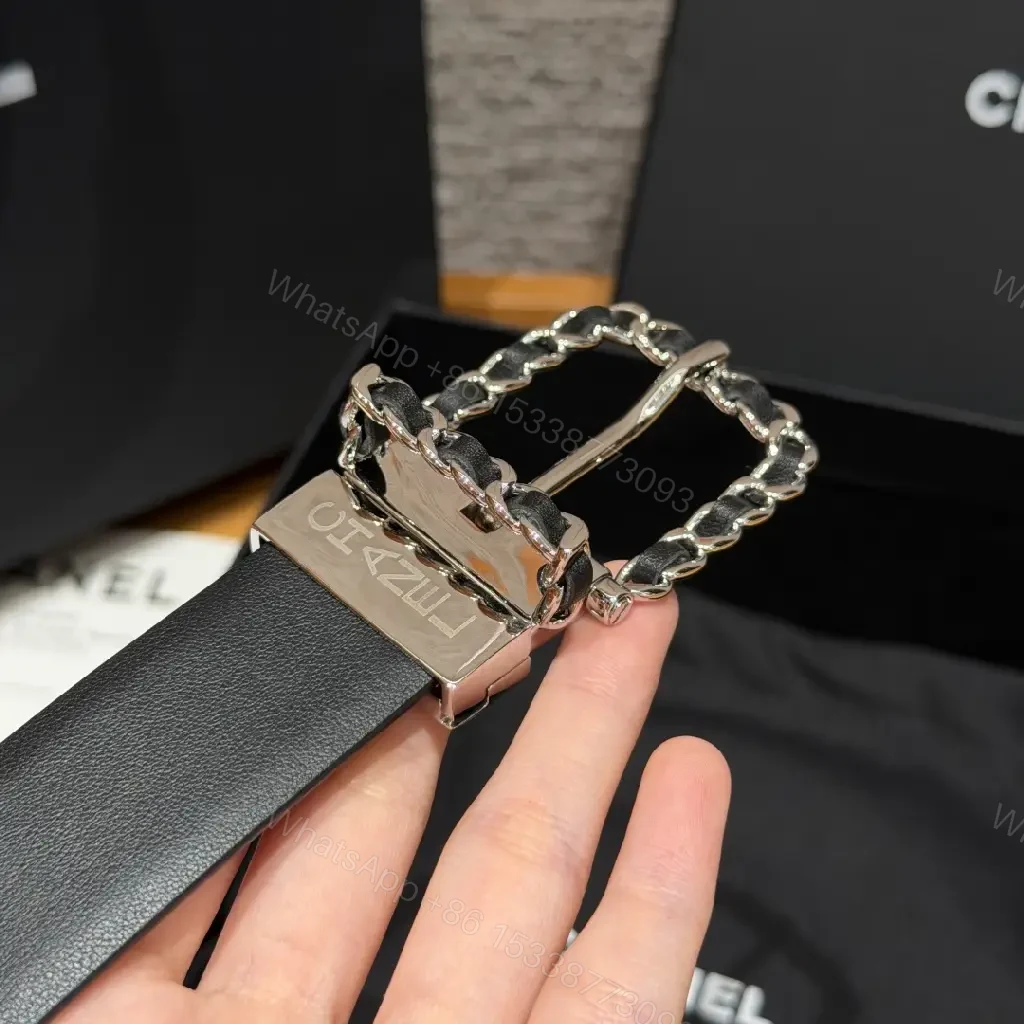 View 2 of Black Leather Belt - Silver Buckle, Chain-Link, Chanel-Style Logo