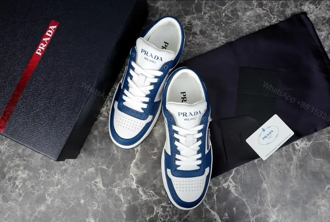 View 4 of PRADA DOWNTOWN LEATHER SNEAKERS IN WHITE AND LACQUER BLUE- PRD011