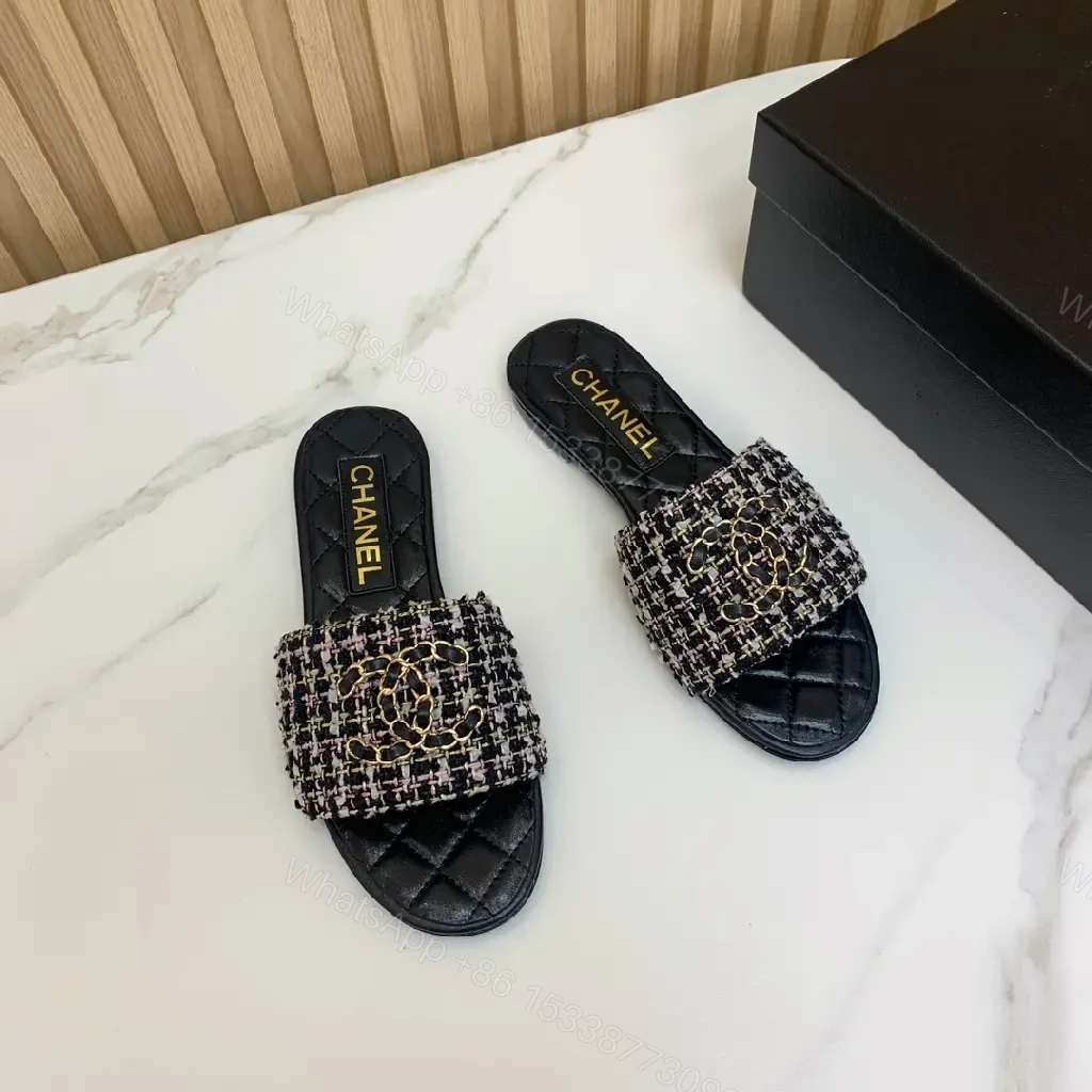 View 8 of Black Tweed Chain Slides Quilted Leather Modern Chanel Logo Sandals