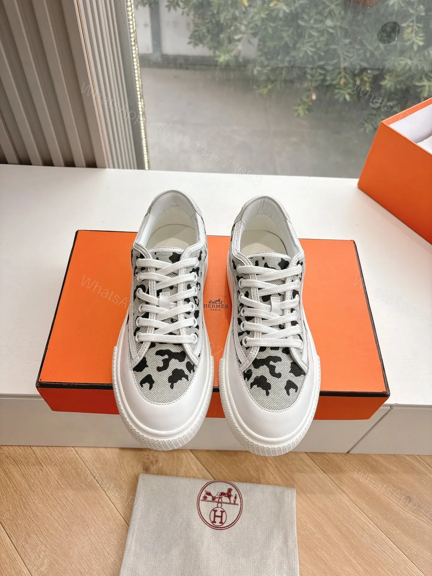 View 5 of Hermes Women White Canvas Leopard Print Sneakers