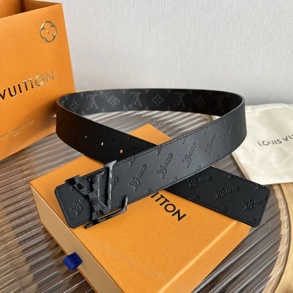 View 7 of Black Leather Belt Modern Slick LV Monogram Buckle Belt
