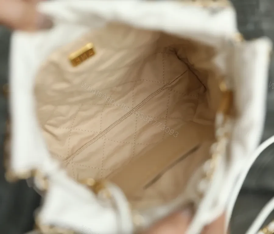 View 7 of White Quilted Satchel with Gold Chain - Chanel-Inspired Luxe Bag