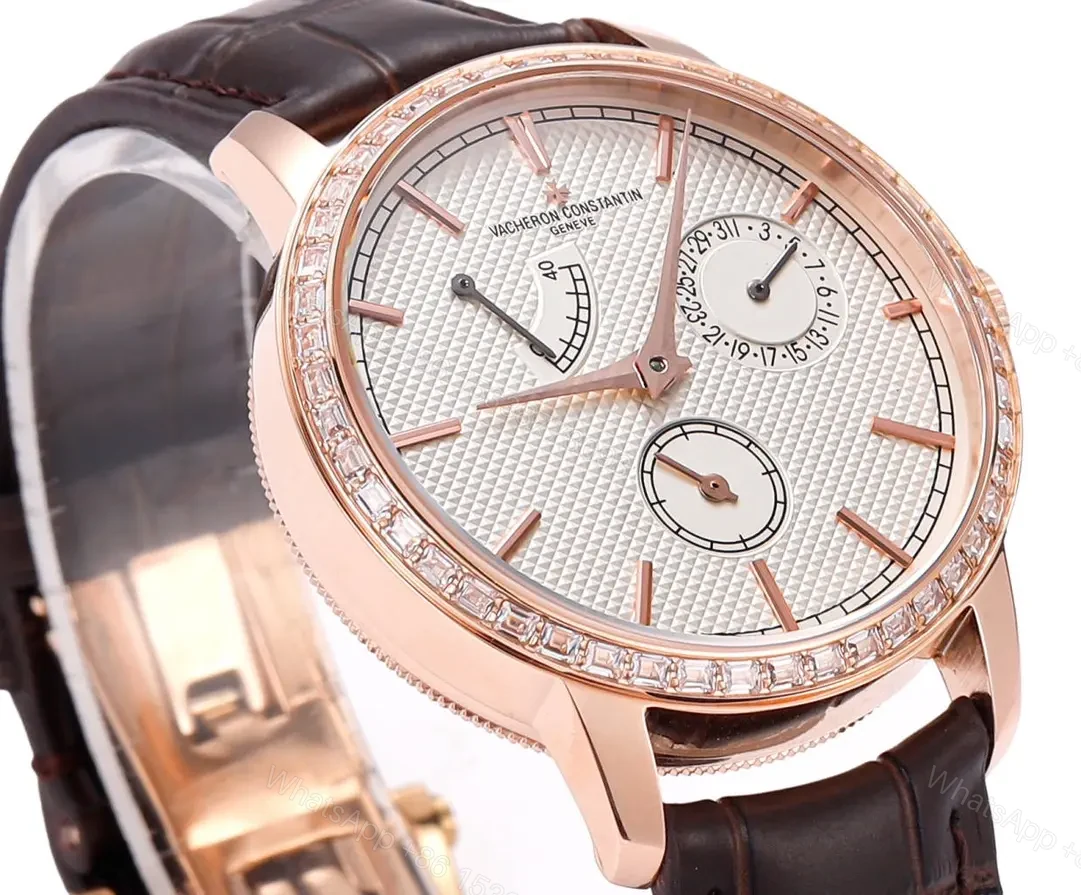 View 7 of GS Factory Vacheron Constantin Traditionnelle 83520/000R-9909 Rose Gold Mechanical Watch with Brown Leather Strap – Multi-Function with Power Reserve, Date, and Small Seconds