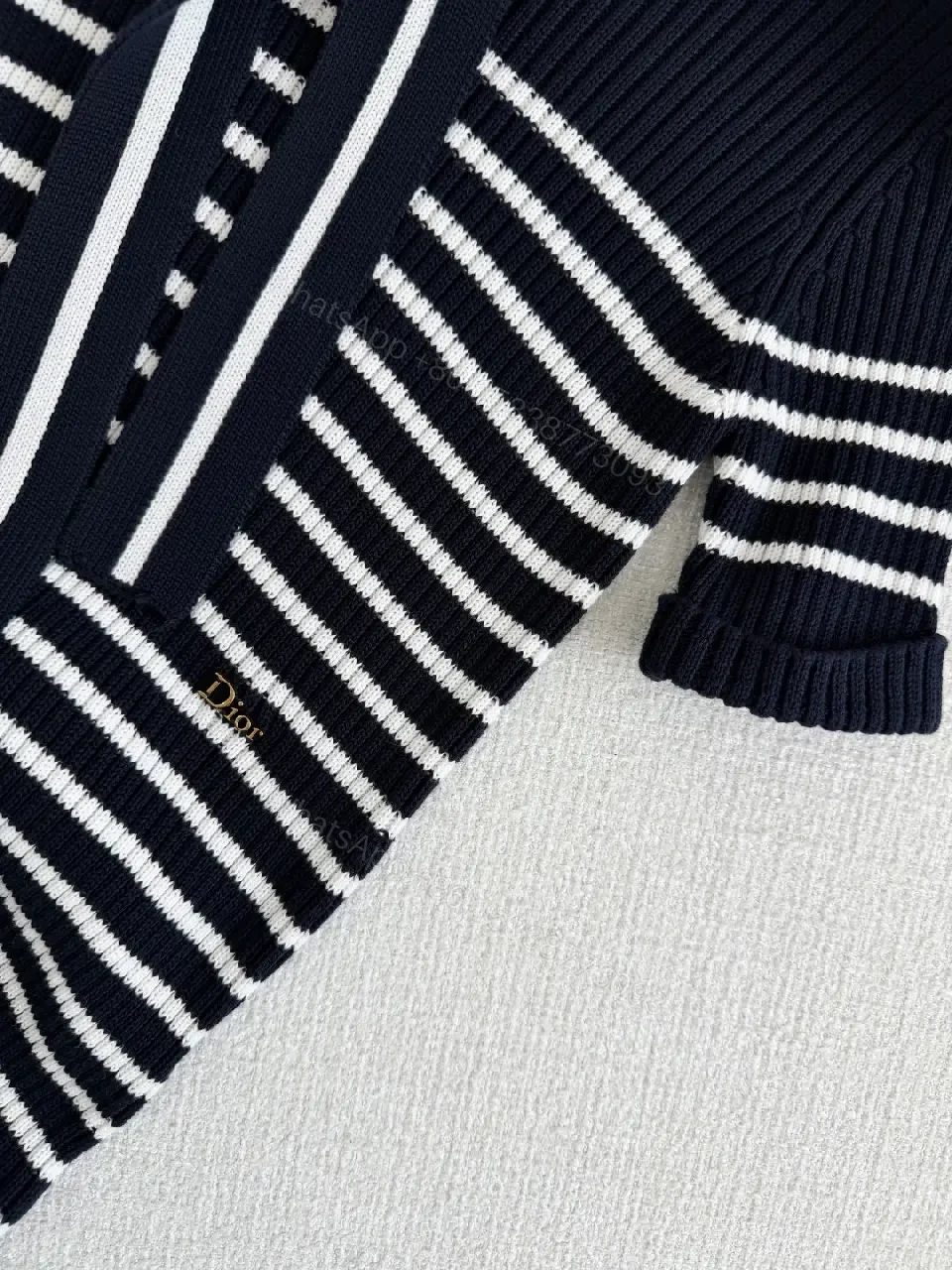 View 3 of Navy White Striped Knit Dress with Bow Tie - Dior-inspired