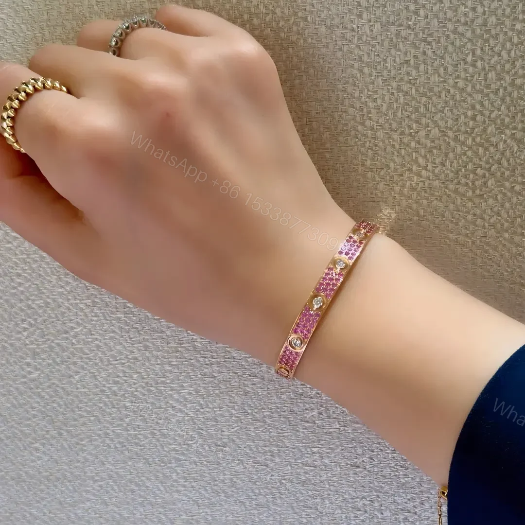 View 6 of New Cartier Love Bracelet with Pink Blue Sapphire Green Tsavorite Diamonds