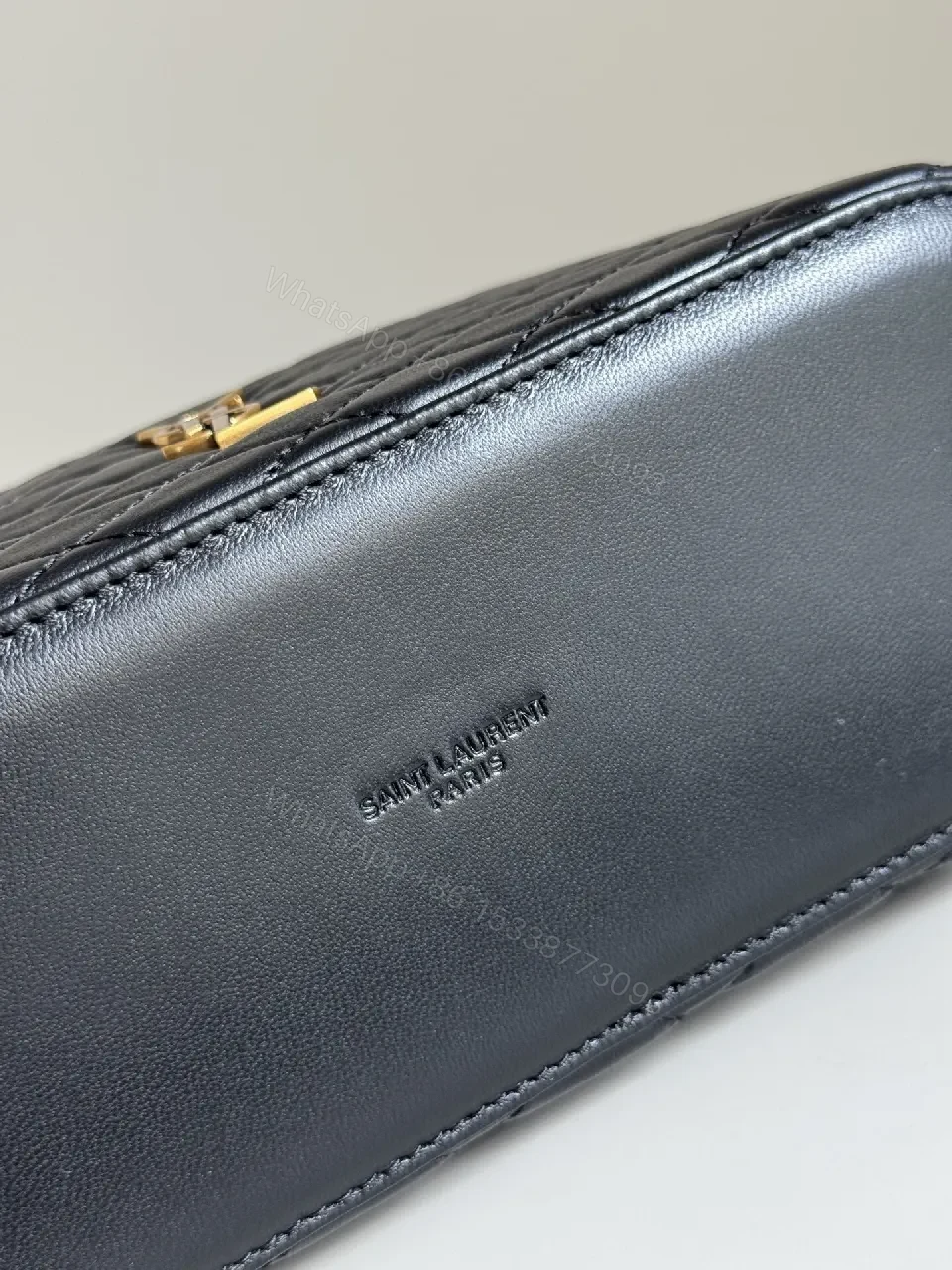 View 6 of Quilted Crossbody Bag: Black Leather, Gold-Detail, Compact Luxe
