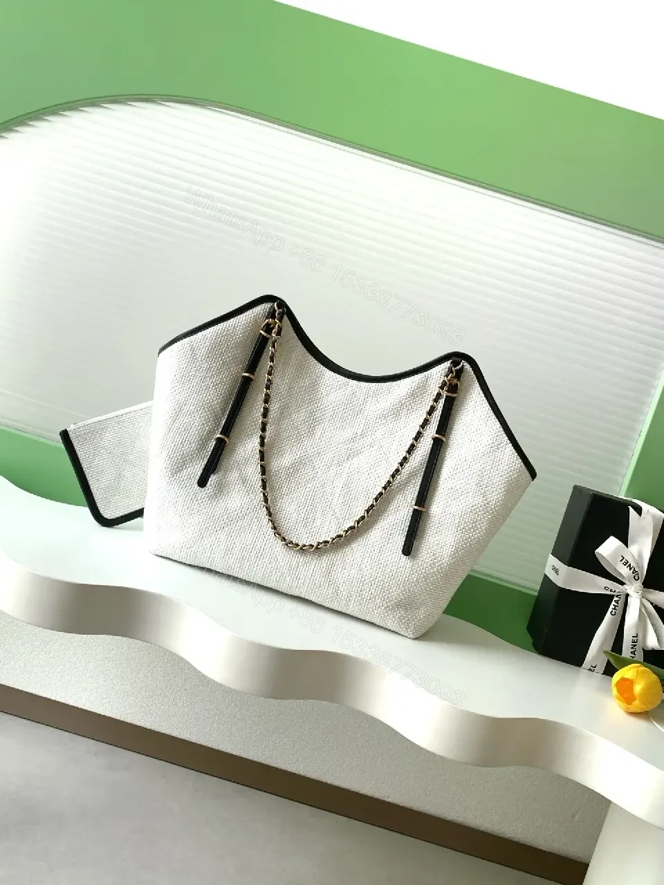 View 5 of Textured White Tote: Luxe, Structured, Dual-Chain Carry