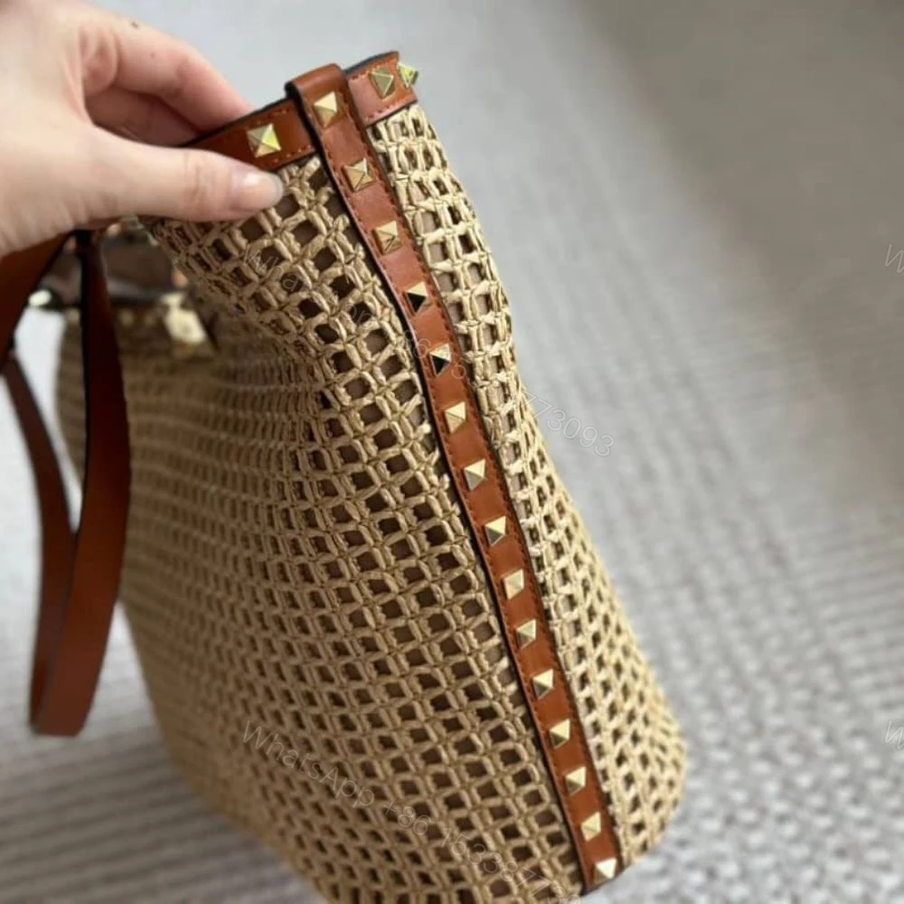 View 4 of Valentino Garavani Rockstud Raffia Tote Bag Brown 31cm