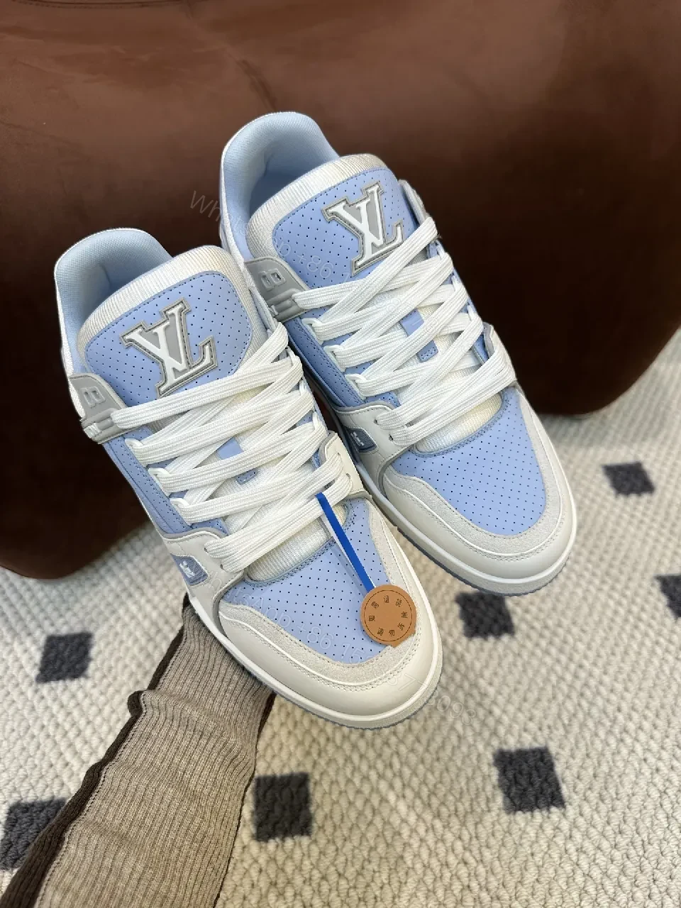 View 8 of Light-Blue Perforated Panels Modern Low-Top Sneakers with LV-Inspired Accents