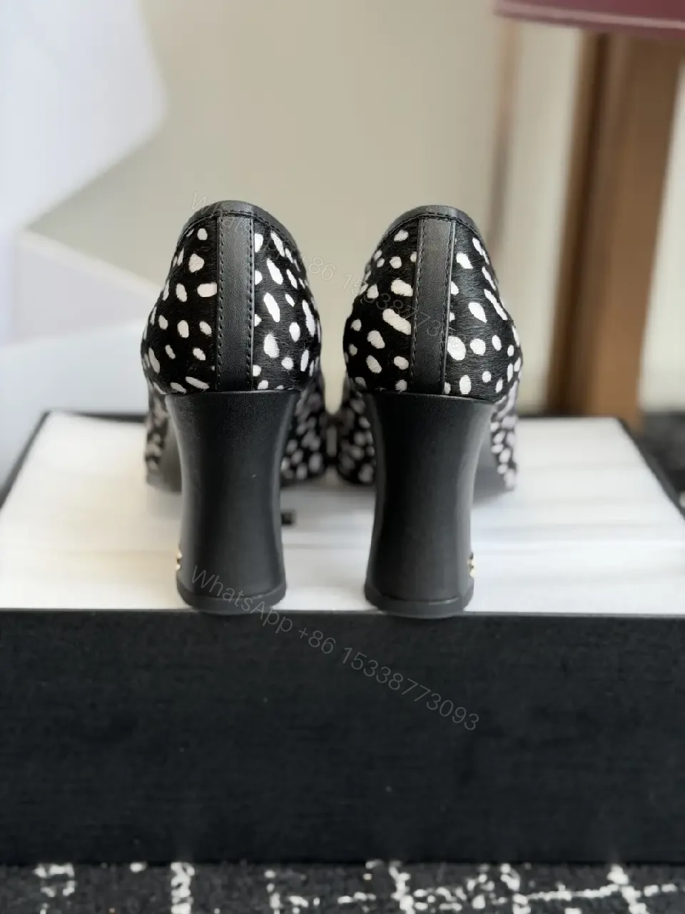 View 3 of Black/White Polka Dot Heels with Turquoise Cap Toe, Block Heel Style, Chanel-inspired, Pump