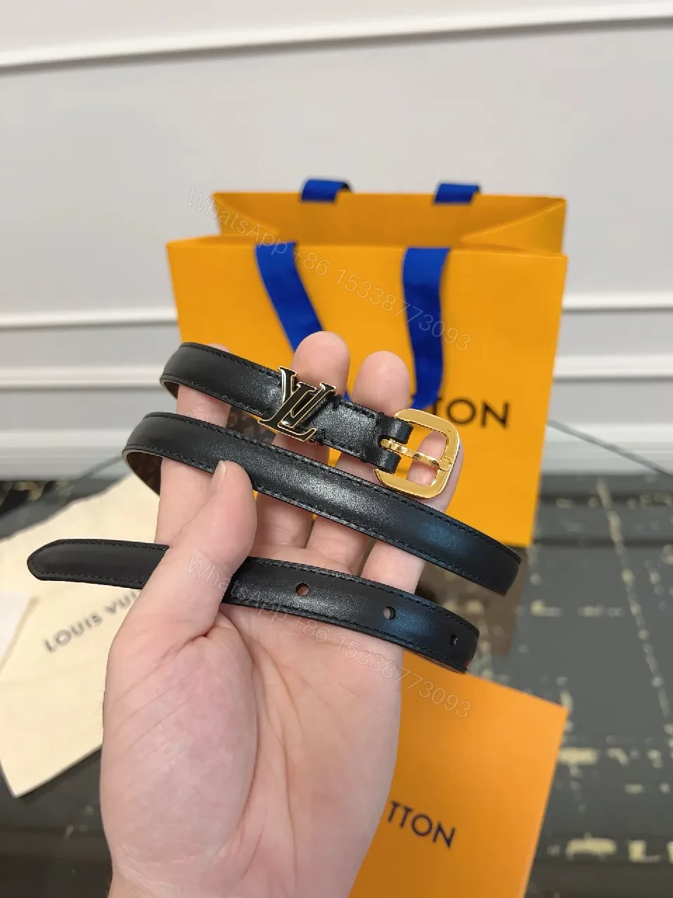 View 8 of Refined Black Leather Belt with Gold Buckle – Modern Luxury Style