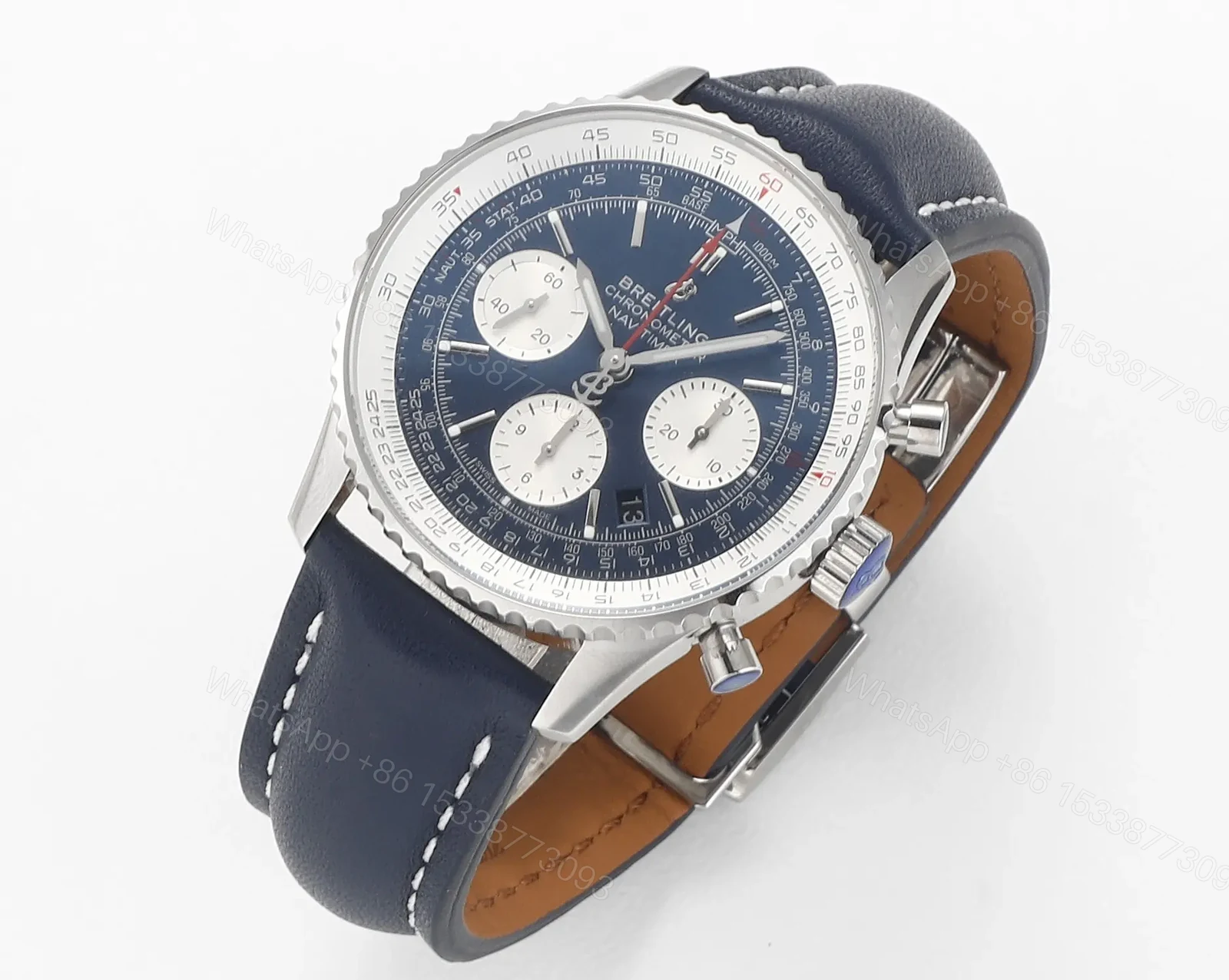 View 2 of KOR Factory Breitling Navitimer 1 B01 Chronograph – Blue Dial, Stainless Steel Case, Leather Strap
