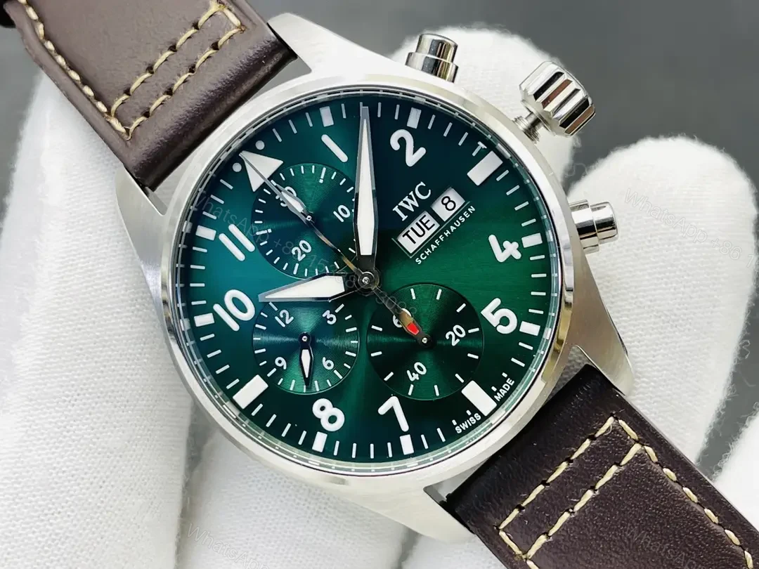 View 4 of Replica IWC Watch Pilot Chronograph Green Dial Leather Strap Premium 41MM IWC-PILOT-CHR-GRN41
