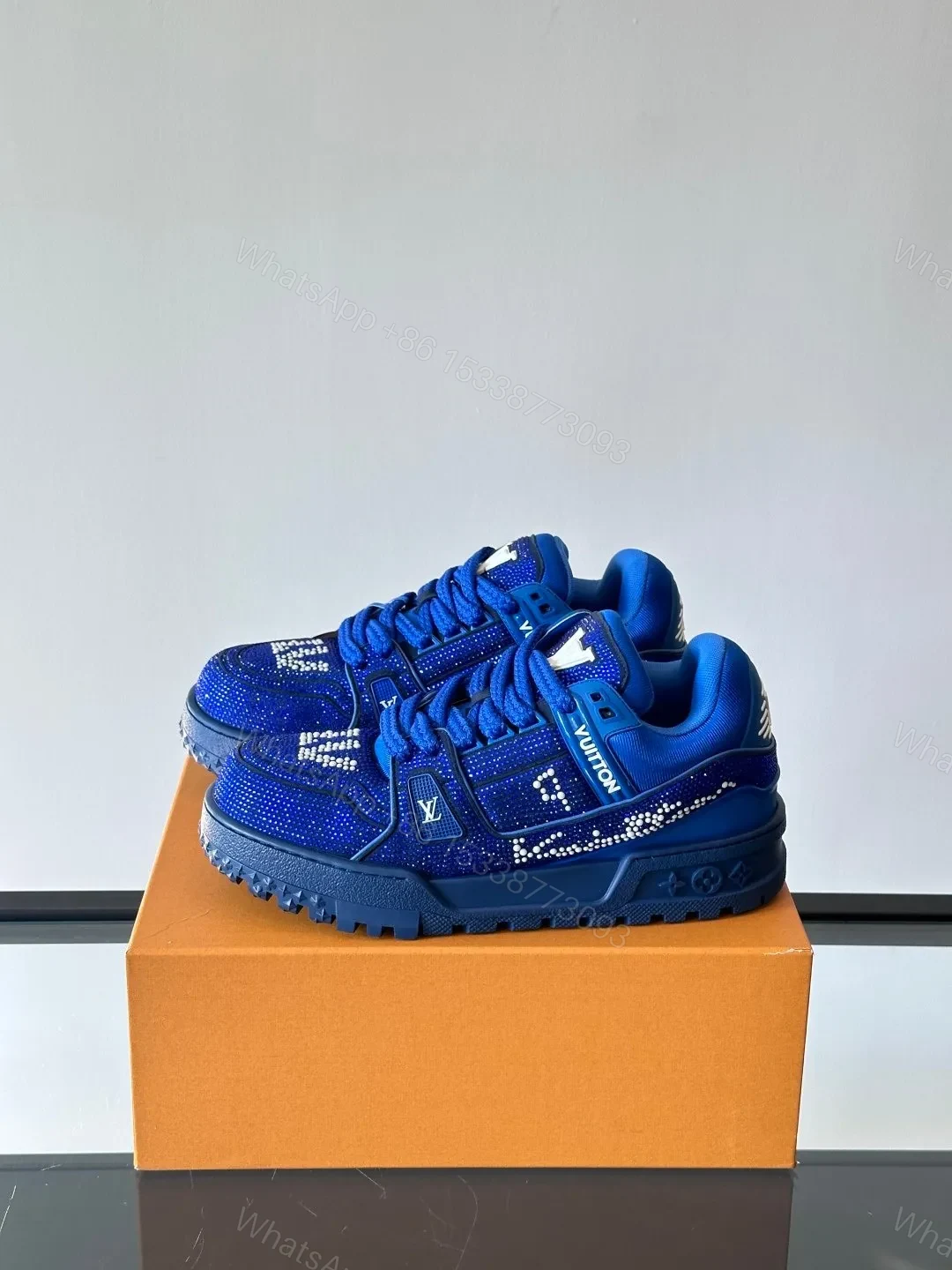 View 3 of LV Men Blue Fabric Embellished Sneakers